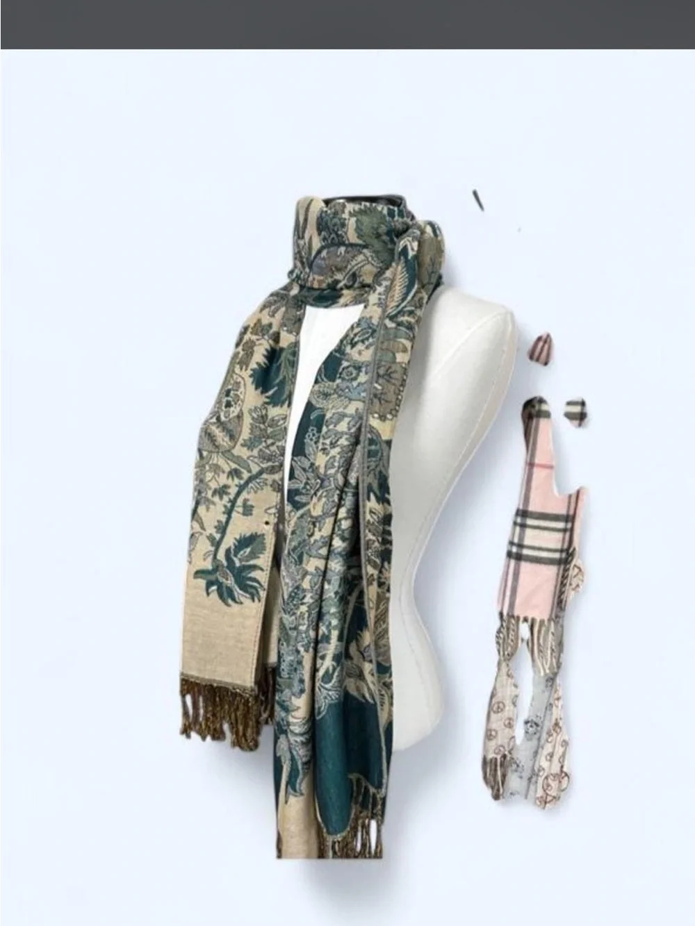 Woven Floral Fringe Wrap Coat - Teal & Cream